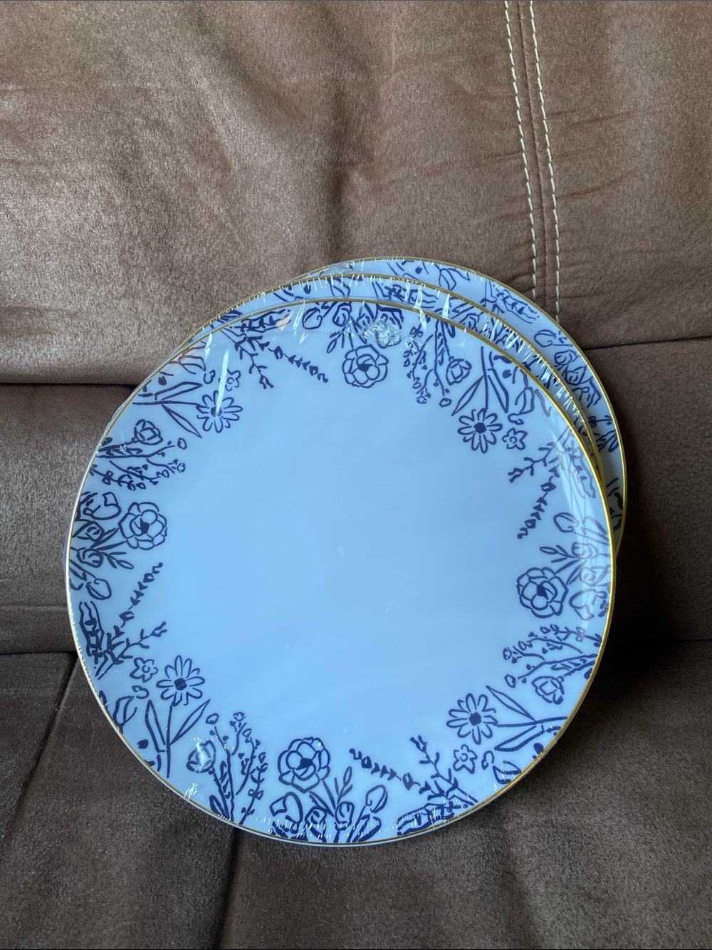 Blue Floral Accent Snack Plates with Gold Trim (Set of 3 packages)